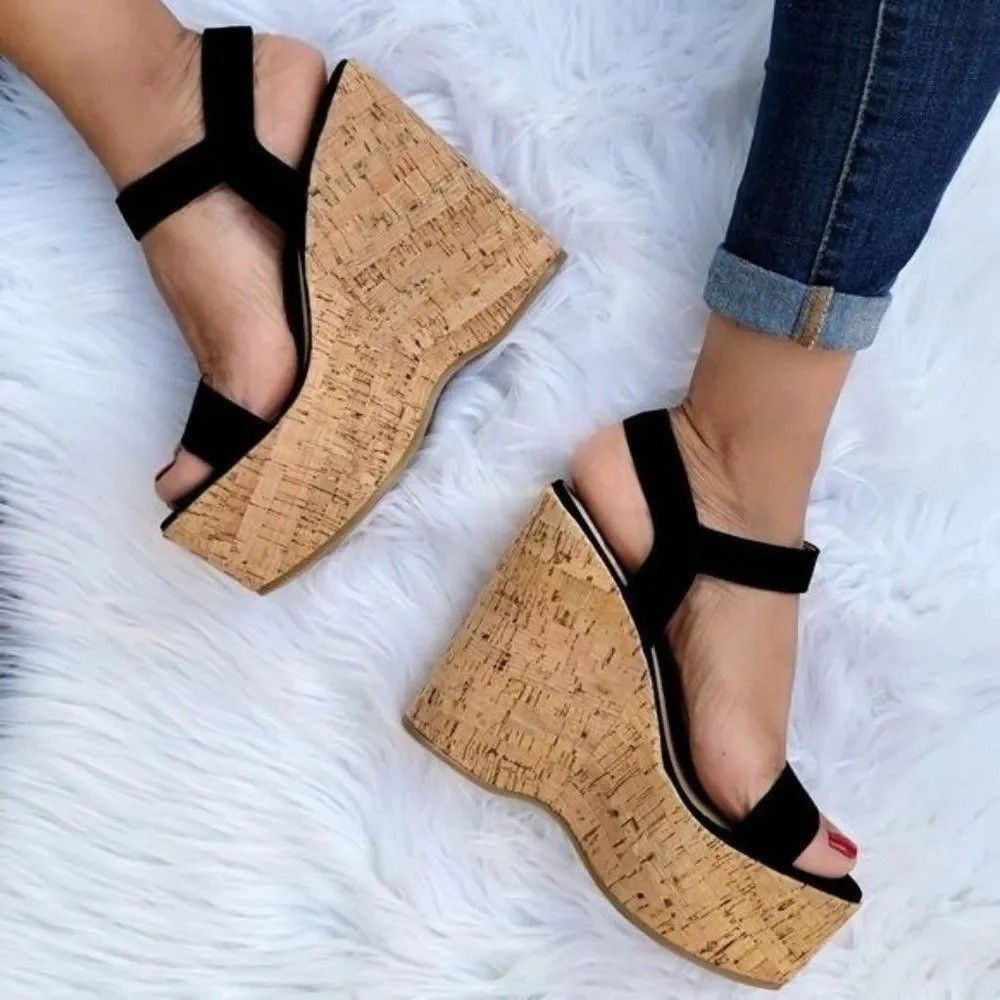 Steve Madden Mistelle Cork Platform Wedges Black Suede Wedges High Heels SZ 7.5